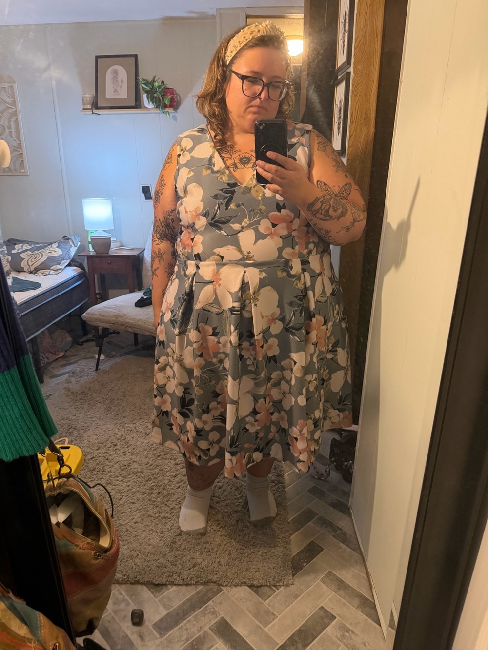 Lane Bryant Floral V-Neck A-Line Dress in Blue and Blush